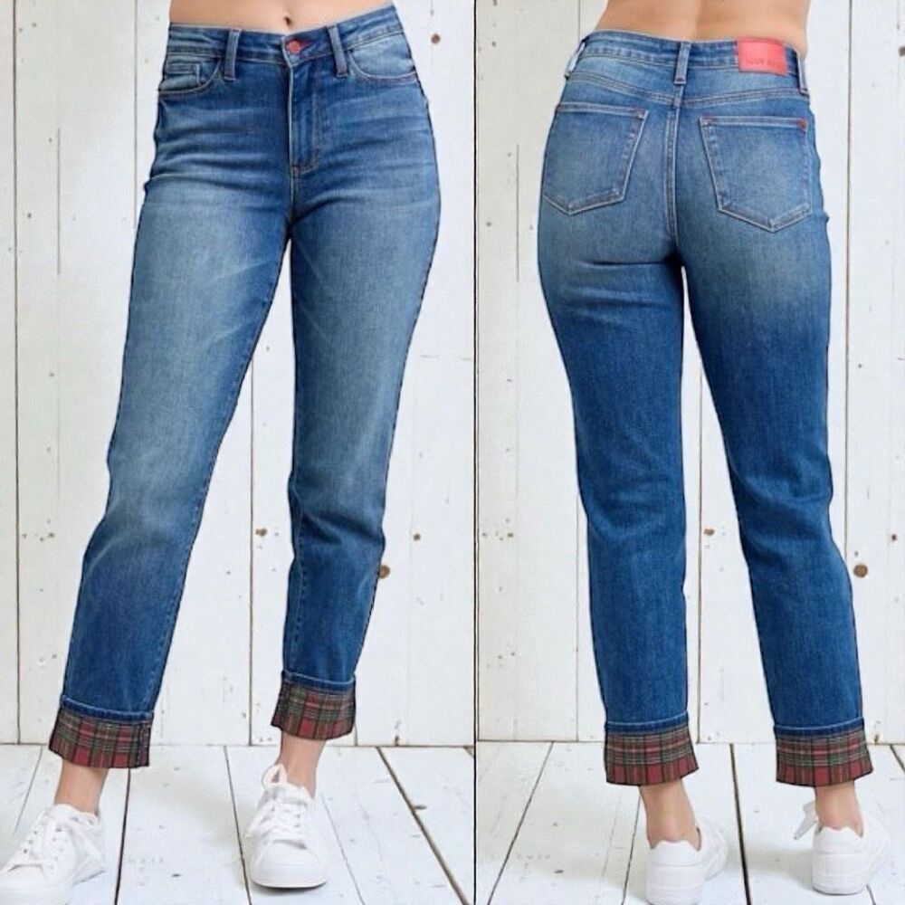 Judy Blue Buffalo Plaid Cuff Straight Leg Jeans Mid Rise Size 13/31 NWT - Picture 2 of 16